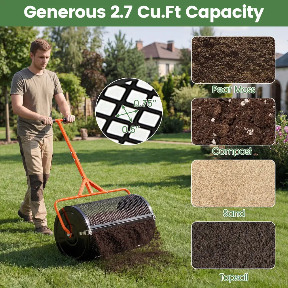 24 Inch Compost Spreader Peat Moss Spreader Roller with Height-Adjustable T-Shaped Handle-Orange - Orange - Lawn Care