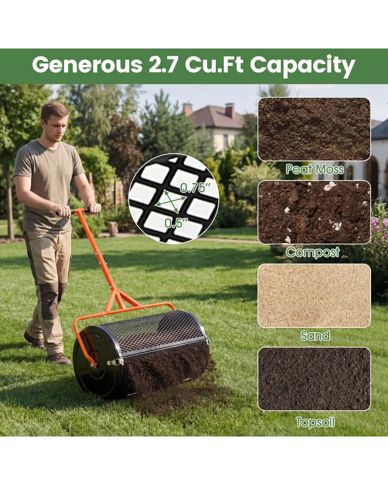 24 Inch Compost Spreader Peat Moss Spreader Roller with Height-Adjustable T-Shaped Handle-Orange - Orange - Lawn Care