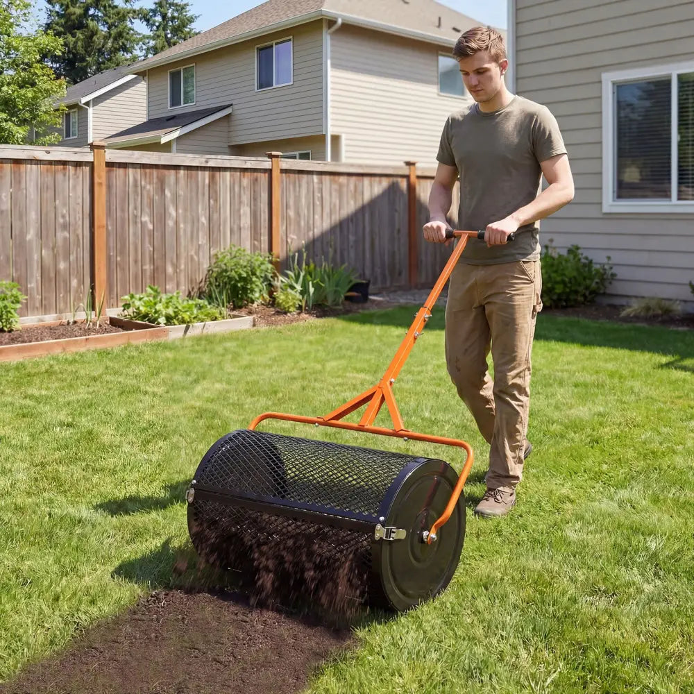24 Inch Compost Spreader Peat Moss Spreader Roller with Height-Adjustable T-Shaped Handle-Orange - Orange - Lawn Care