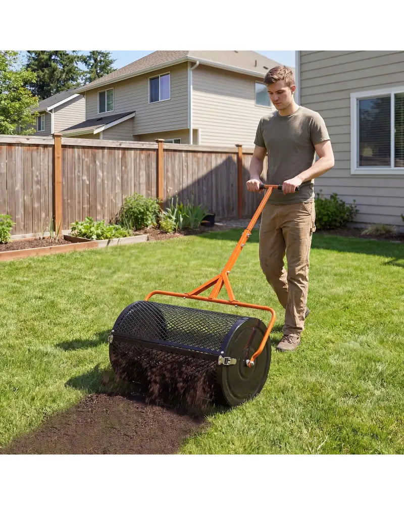 24 Inch Compost Spreader Peat Moss Spreader Roller with Height-Adjustable T-Shaped Handle-Orange - Orange - Lawn Care