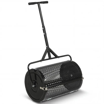 24 Inch Compost Spreader Peat Moss Spreader Roller with Height-Adjustable T-Shaped Handle-Black - Black - Lawn Care