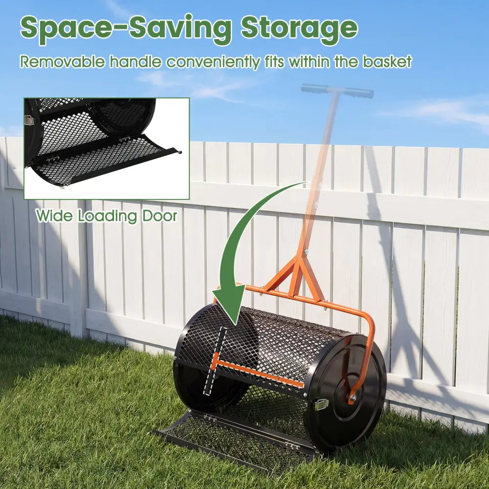 24 Inch Compost Spreader Peat Moss Spreader Roller with Height-Adjustable T-Shaped Handle-Orange - Orange - Lawn Care