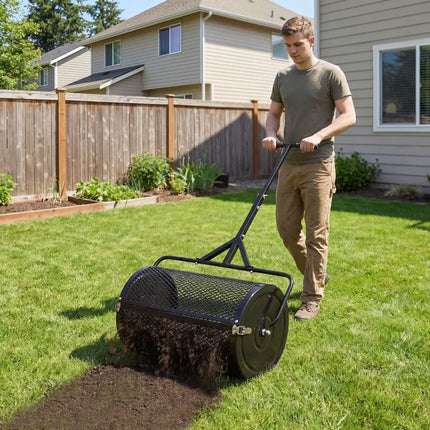 24 Inch Compost Spreader Peat Moss Spreader Roller with Height-Adjustable T-Shaped Handle-Black - Black - Lawn Care