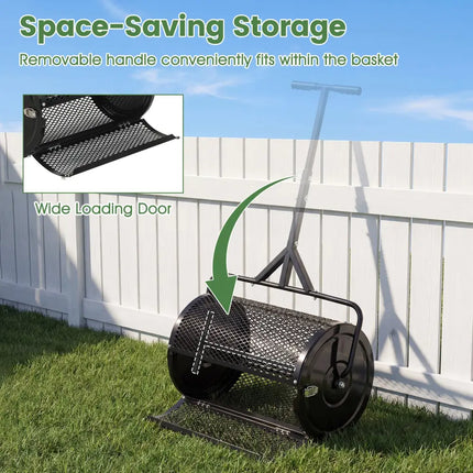 24 Inch Compost Spreader Peat Moss Spreader Roller with Height-Adjustable T-Shaped Handle-Black - Black - Lawn Care
