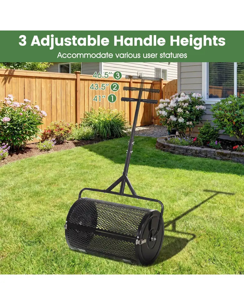 24 Inch Compost Spreader Peat Moss Spreader Roller with Height-Adjustable T-Shaped Handle-Black - Black - Lawn Care