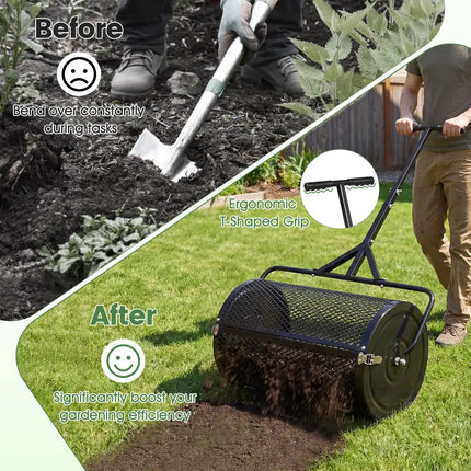 24 Inch Compost Spreader Peat Moss Spreader Roller with Height-Adjustable T-Shaped Handle-Black - Black - Lawn Care