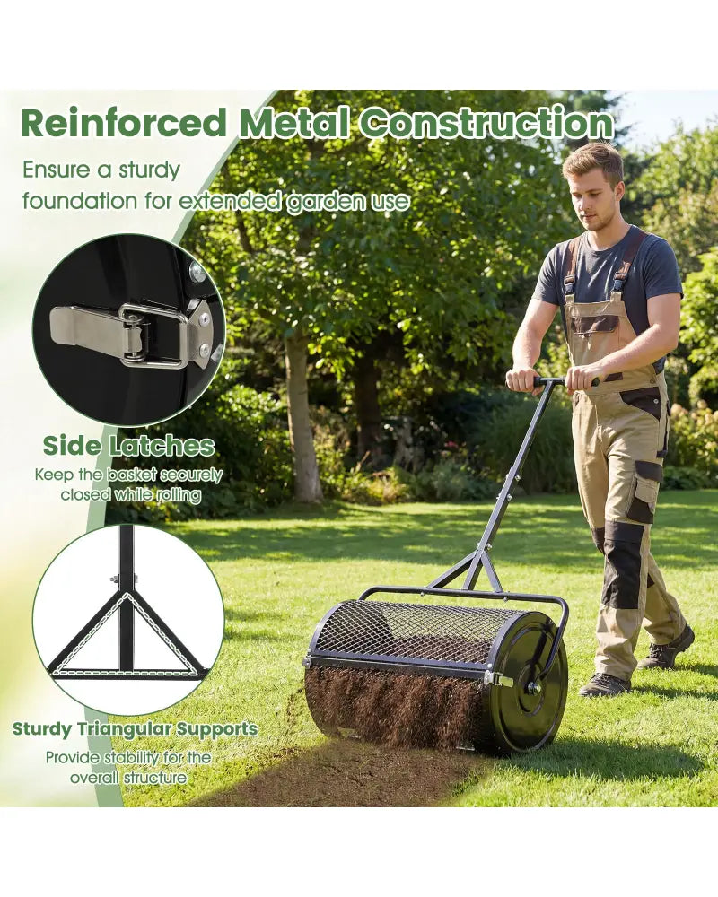 24 Inch Compost Spreader Peat Moss Spreader Roller with Height-Adjustable T-Shaped Handle-Black - Black - Lawn Care