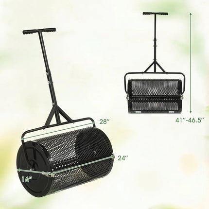 24 Inch Compost Spreader Peat Moss Spreader Roller with Height-Adjustable T-Shaped Handle-Black - Black - Lawn Care