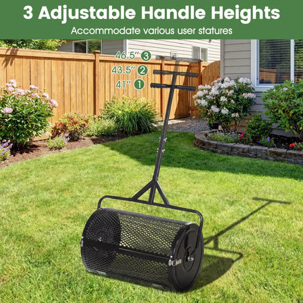 24 Inch Compost Spreader Peat Moss Spreader Roller with Height-Adjustable T-Shaped Handle-Black - Black - Lawn Care
