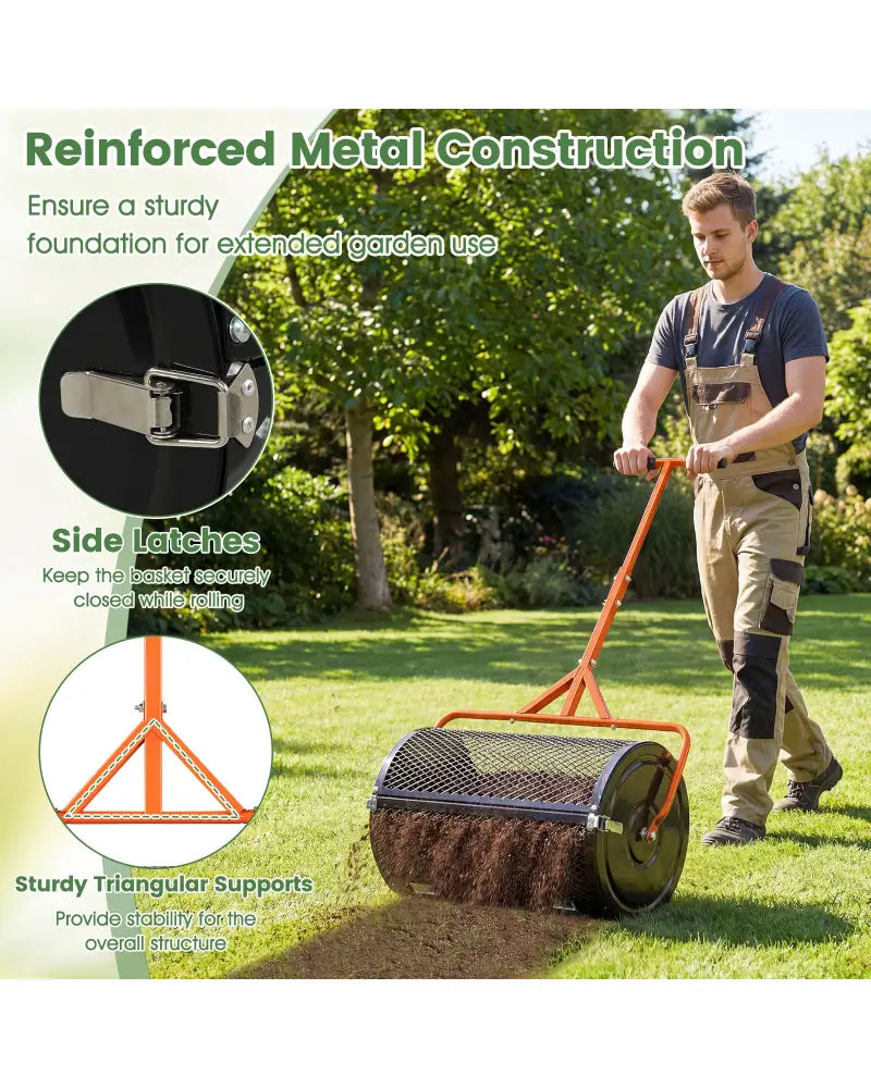 24 Inch Compost Spreader Peat Moss Spreader Roller with Height-Adjustable T-Shaped Handle-Orange - Orange - Lawn Care