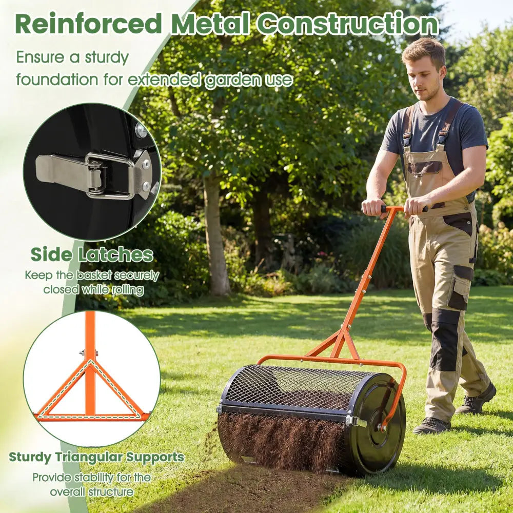 24 Inch Compost Spreader Peat Moss Spreader Roller with Height-Adjustable T-Shaped Handle-Orange - Orange - Lawn Care