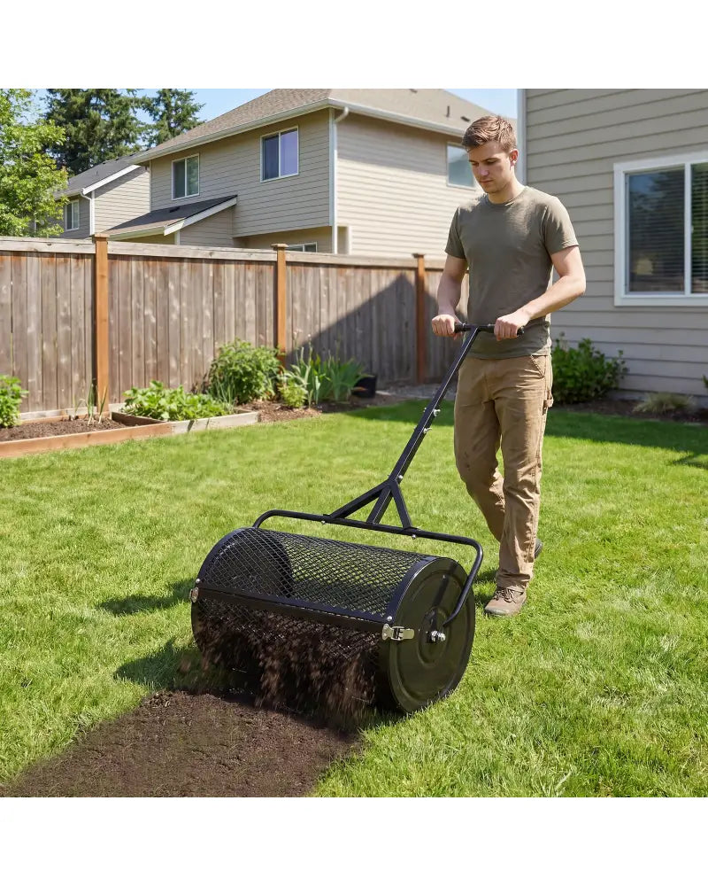 24 Inch Compost Spreader Peat Moss Spreader Roller with Height-Adjustable T-Shaped Handle-Black - Black - Lawn Care