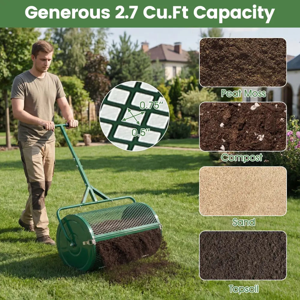 24 Inch Compost Spreader Peat Moss Spreader Roller with Height-Adjustable T-Shaped Handle-Green - Green - Lawn Care