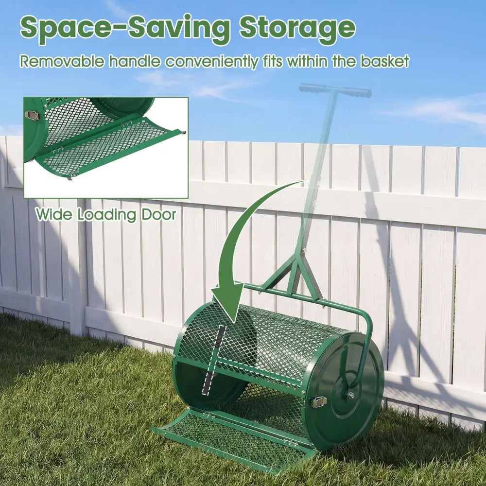 24 Inch Compost Spreader Peat Moss Spreader Roller with Height-Adjustable T-Shaped Handle-Green - Green - Lawn Care