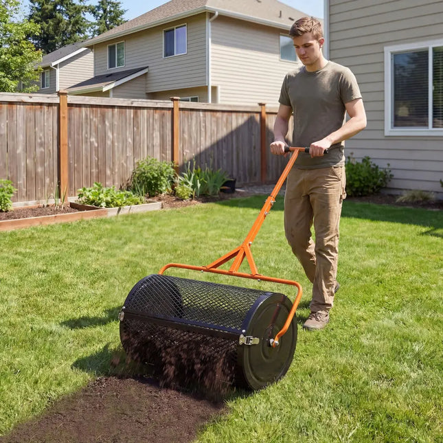 24 Inch Compost Spreader Peat Moss Spreader Roller with Height-Adjustable T-Shaped Handle-Orange - Orange - Lawn Care
