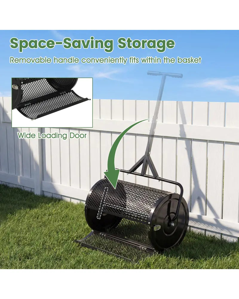 24 Inch Compost Spreader Peat Moss Spreader Roller with Height-Adjustable T-Shaped Handle-Black - Black - Lawn Care