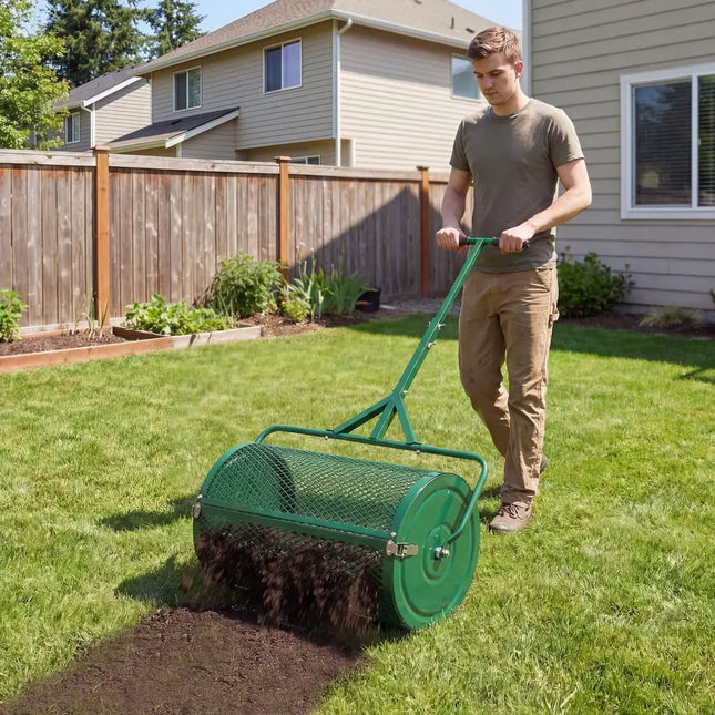 24 Inch Compost Spreader Peat Moss Spreader Roller with Height-Adjustable T-Shaped Handle-Green - Green - Lawn Care