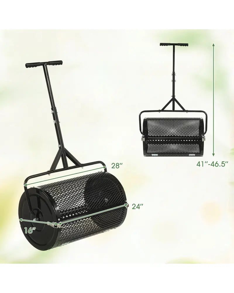 24 Inch Compost Spreader Peat Moss Spreader Roller with Height-Adjustable T-Shaped Handle-Black - Black - Lawn Care
