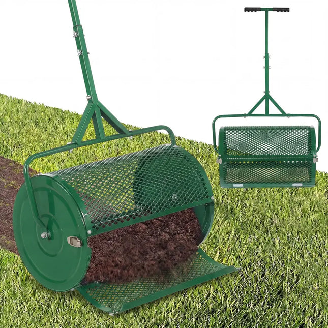 24 Inch Compost Spreader Peat Moss Spreader Roller with Height-Adjustable T-Shaped Handle-Green - Green - Lawn Care