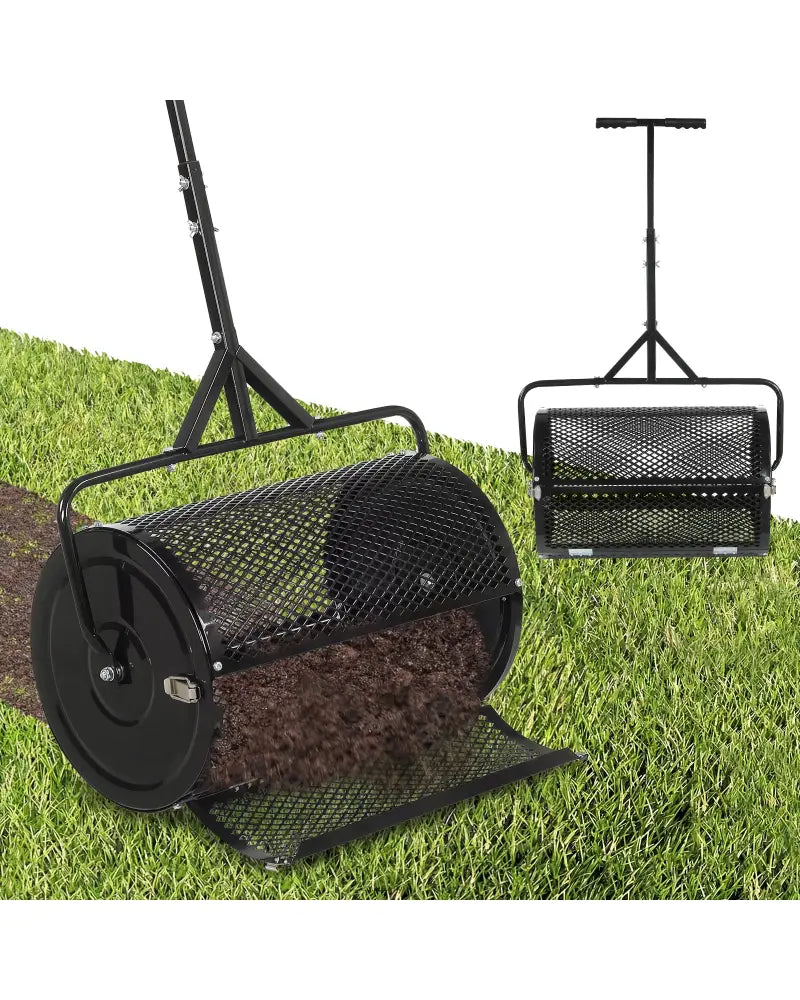 24 Inch Compost Spreader Peat Moss Spreader Roller with Height-Adjustable T-Shaped Handle-Black - Black - Lawn Care