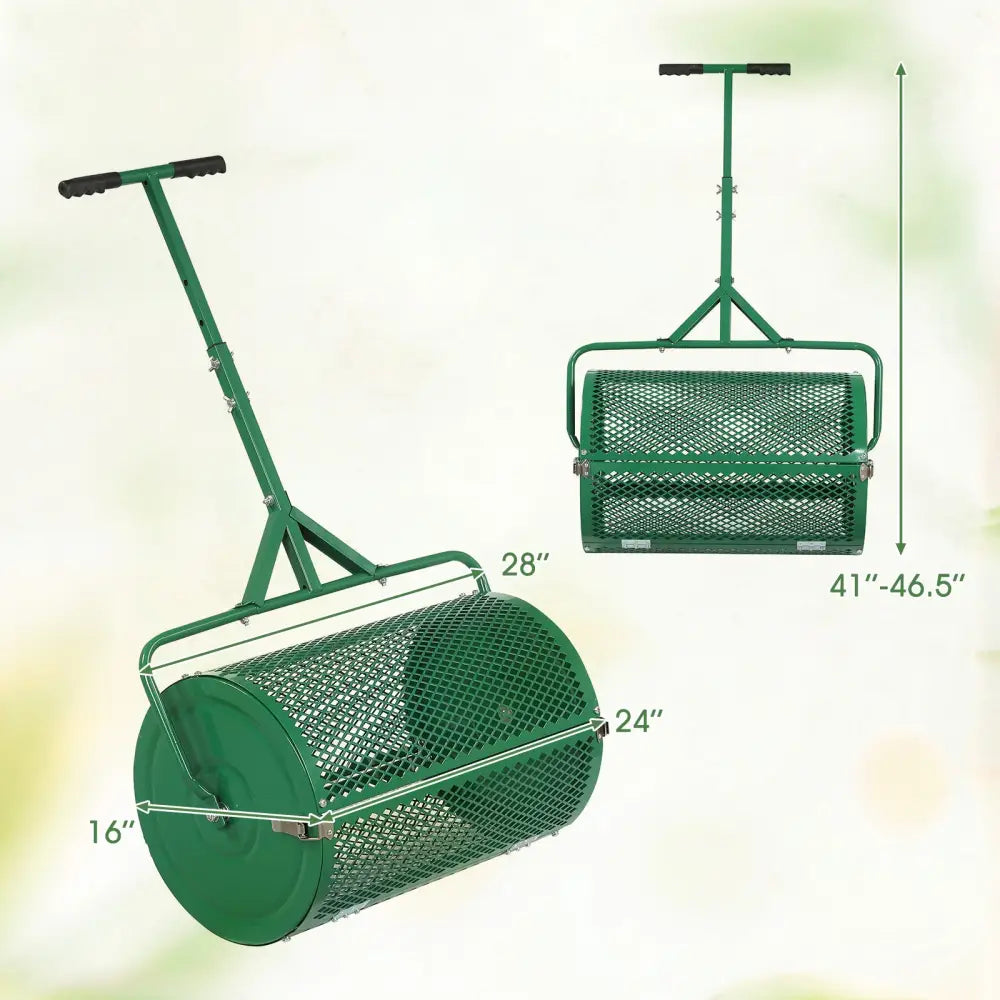 24 Inch Compost Spreader Peat Moss Spreader Roller with Height-Adjustable T-Shaped Handle-Green - Green - Lawn Care