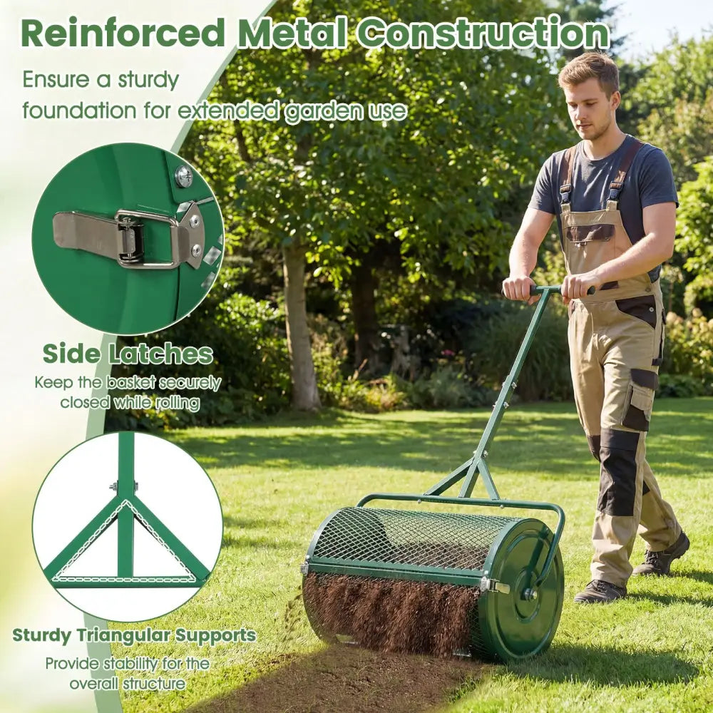 24 Inch Compost Spreader Peat Moss Spreader Roller with Height-Adjustable T-Shaped Handle-Green - Green - Lawn Care