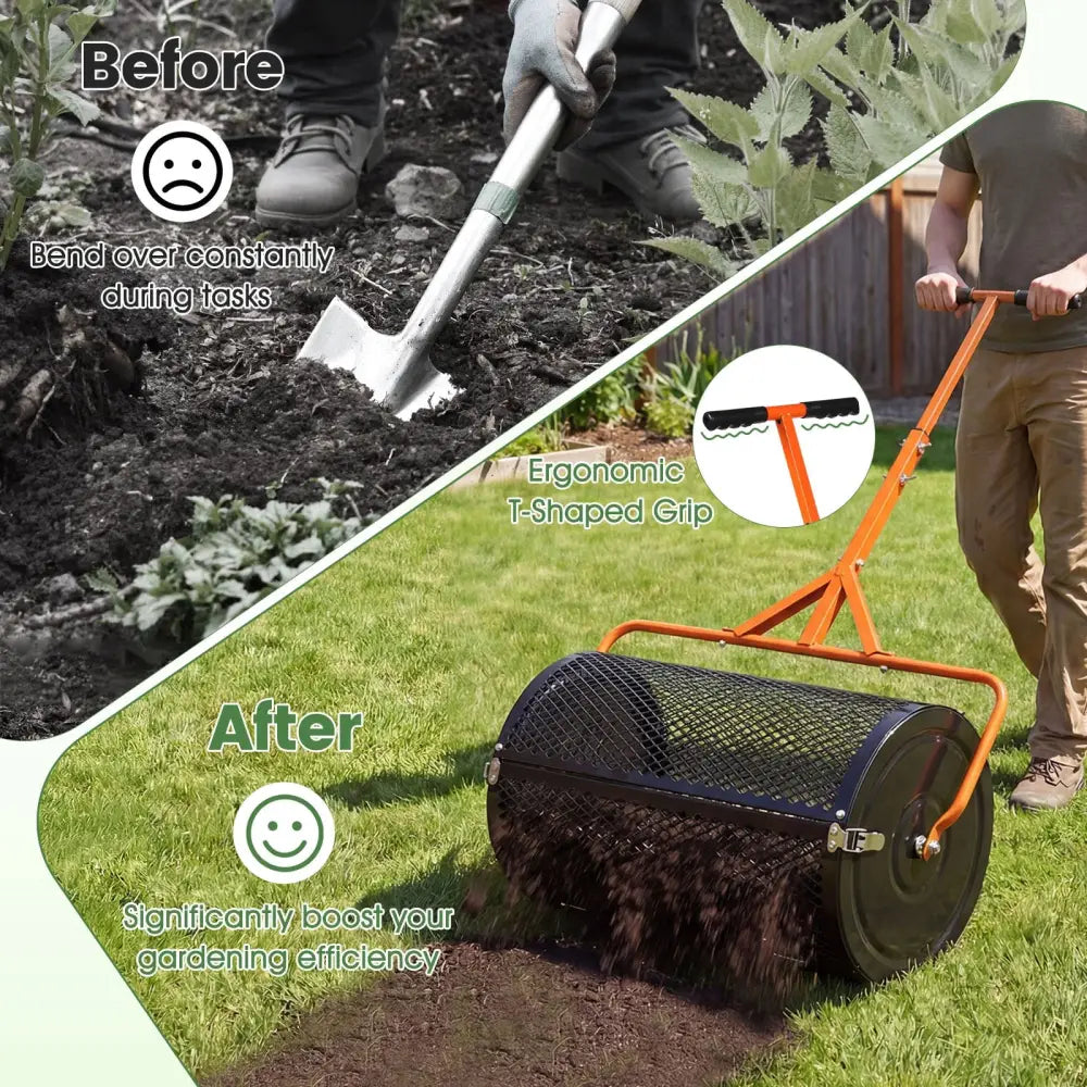 24 Inch Compost Spreader Peat Moss Spreader Roller with Height-Adjustable T-Shaped Handle-Orange - Orange - Lawn Care