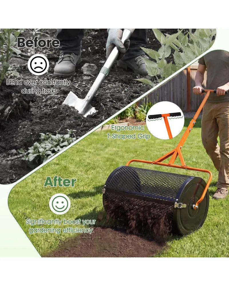 24 Inch Compost Spreader Peat Moss Spreader Roller with Height-Adjustable T-Shaped Handle-Orange - Orange - Lawn Care