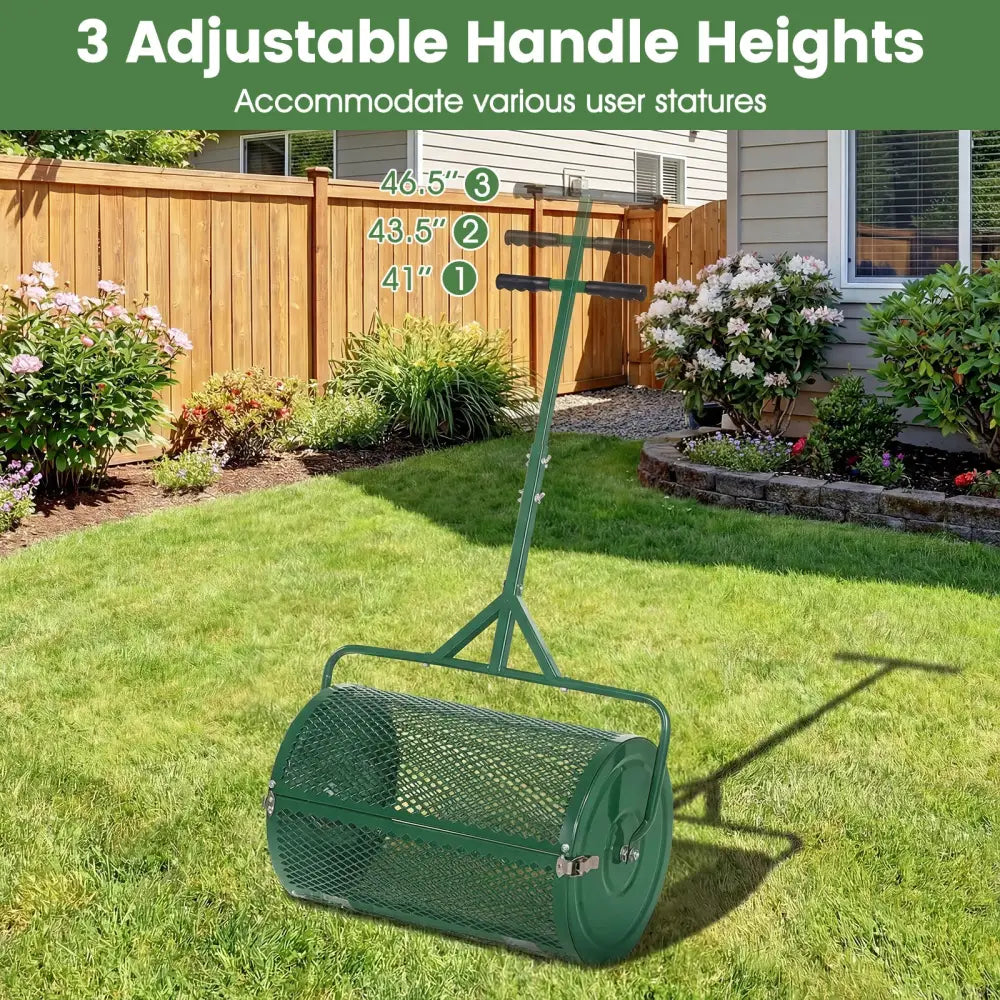24 Inch Compost Spreader Peat Moss Spreader Roller with Height-Adjustable T-Shaped Handle-Green - Green - Lawn Care
