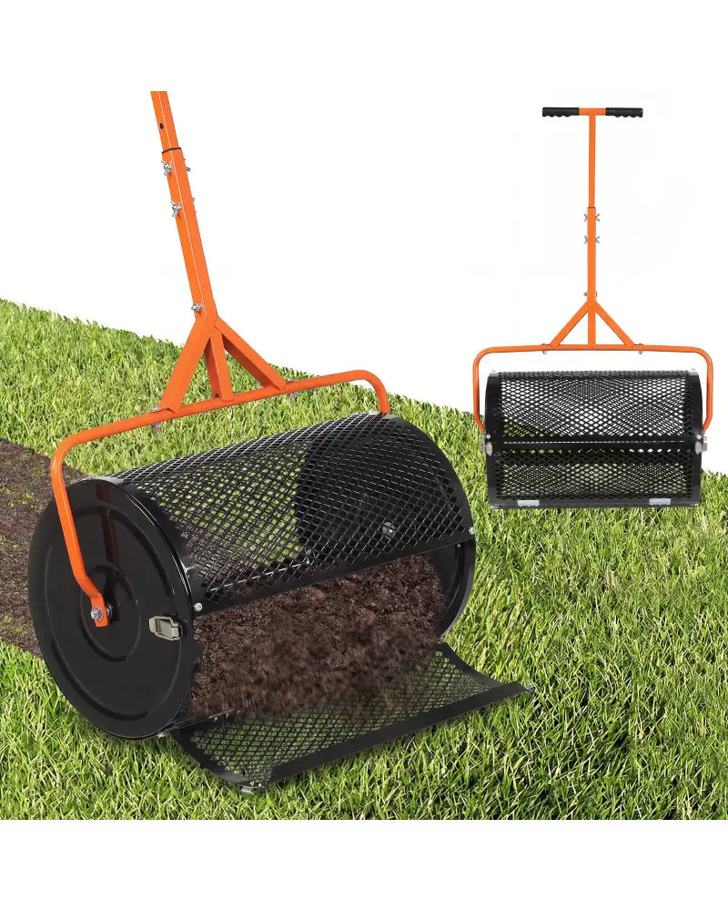 24 Inch Compost Spreader Peat Moss Spreader Roller with Height-Adjustable T-Shaped Handle-Orange - Orange - Lawn Care
