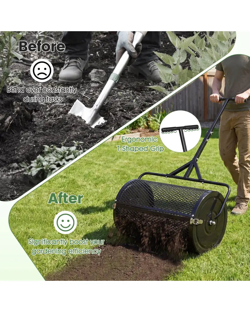 24 Inch Compost Spreader Peat Moss Spreader Roller with Height-Adjustable T-Shaped Handle-Black - Black - Lawn Care