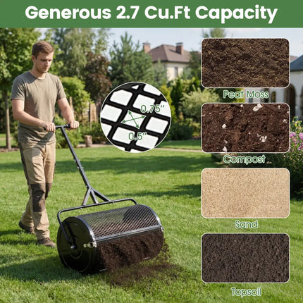 24 Inch Compost Spreader Peat Moss Spreader Roller with Height-Adjustable T-Shaped Handle-Black - Black - Lawn Care