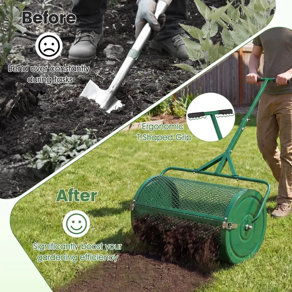 24 Inch Compost Spreader Peat Moss Spreader Roller with Height-Adjustable T-Shaped Handle-Green - Green - Lawn Care