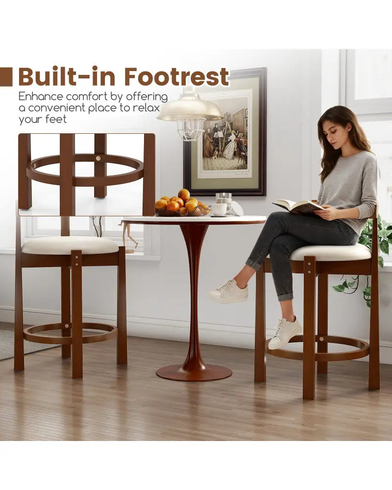 24 Inch Counter Height Bar Stools Set of 2 with Backrests and Footrests-Beige - Beige - Bar Stools