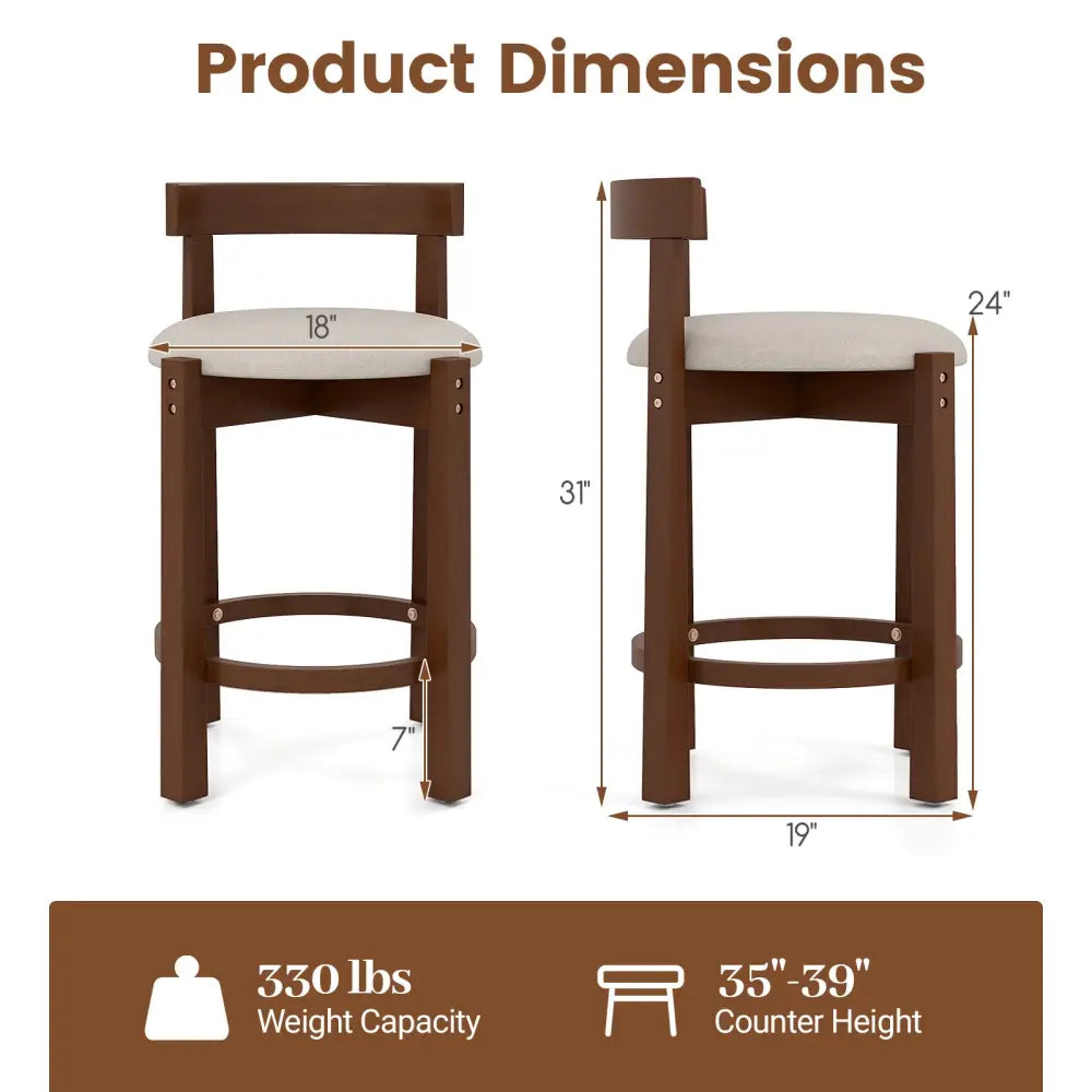 24 Inch Counter Height Bar Stools Set of 2 with Backrests and Footrests-Beige Costway