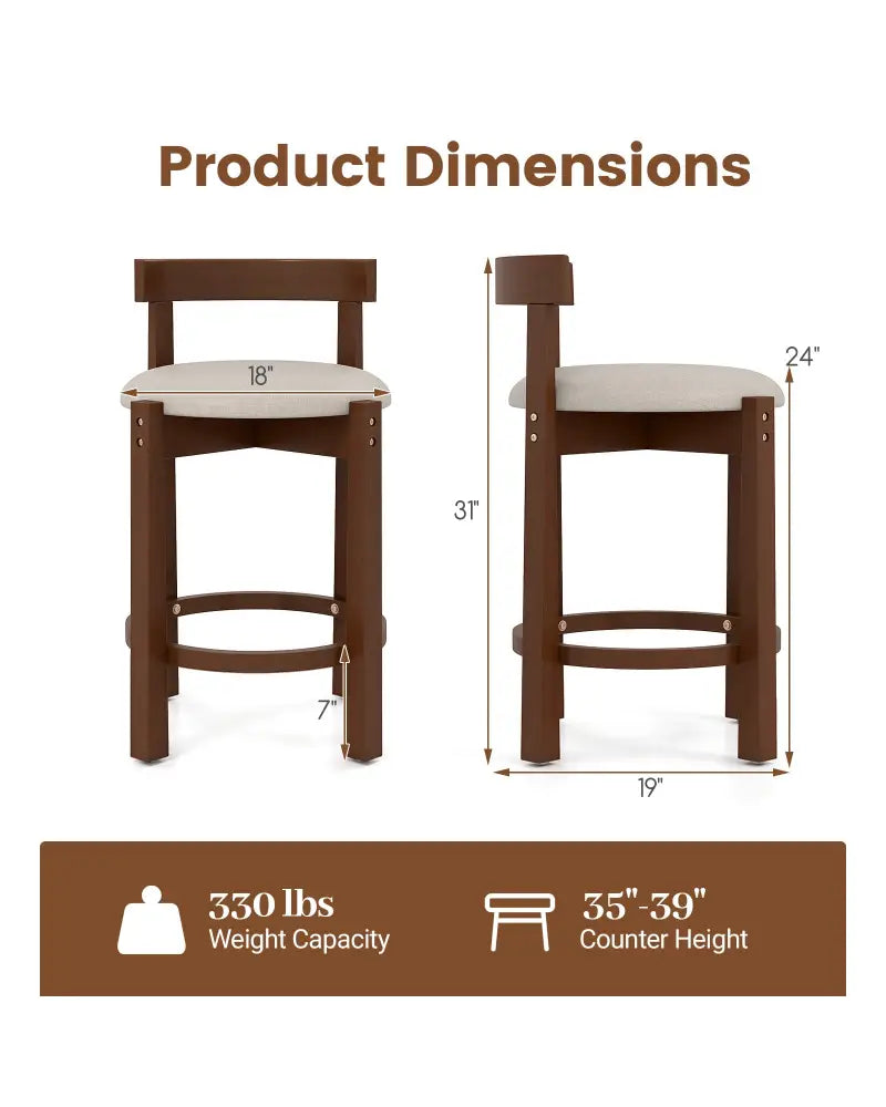24 Inch Counter Height Bar Stools Set of 2 with Backrests and Footrests-Beige - Beige - Bar Stools