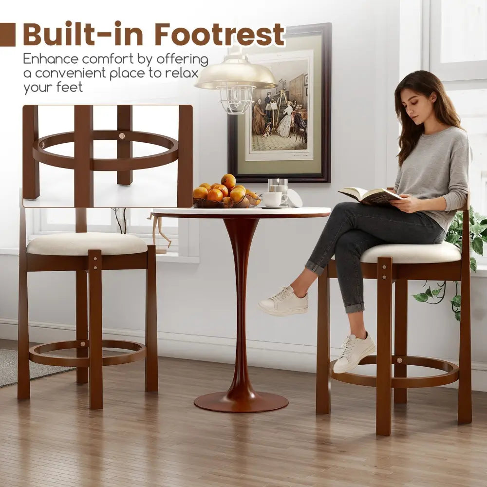24 Inch Counter Height Bar Stools Set of 2 with Backrests and Footrests-Beige Costway