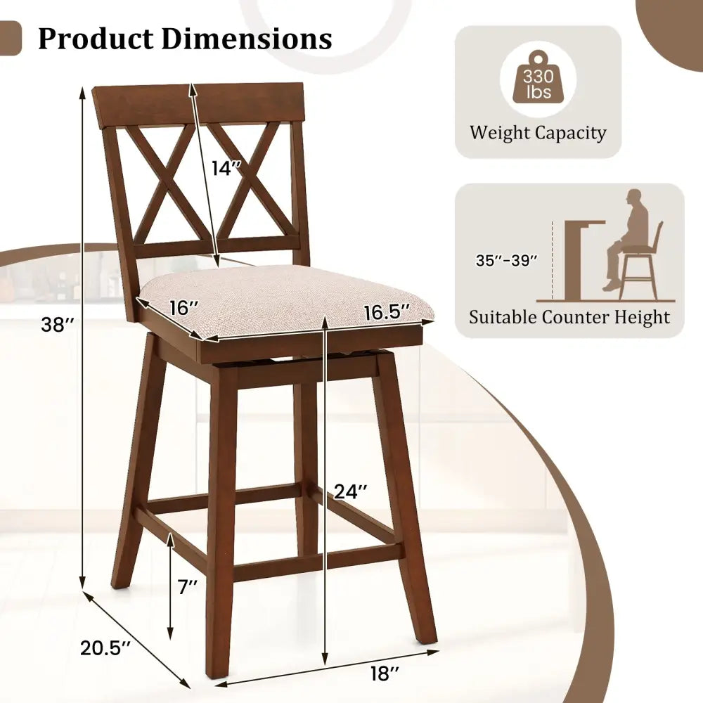 24 Inch Counter Height Barstools with Backrest and Upholstered Seat Cushion for Kitchen Dining Room-24 Inch Costway