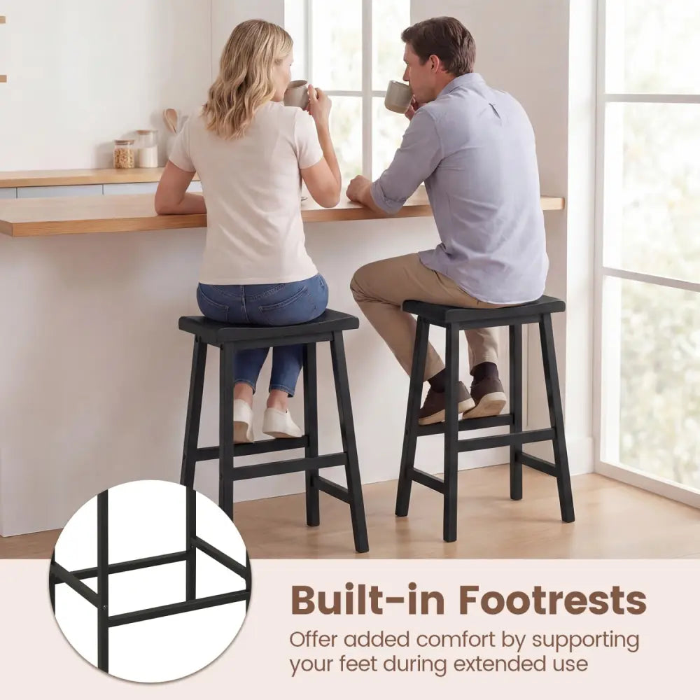 24 Inch Counter Height Stools Solid Wood Saddle Bar Stools Set of 2-Black - Black - Bar Stools
