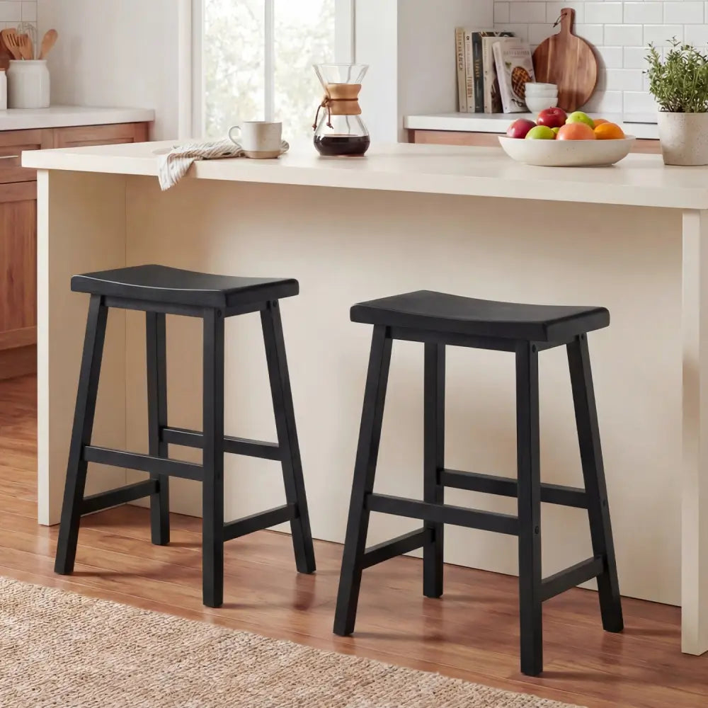 24 Inch Counter Height Stools Solid Wood Saddle Bar Stools Set of 2-Black - Black - Bar Stools