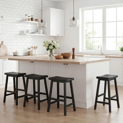 24 Inch Counter Height Stools Solid Wood Saddle Bar Stools Set of 2-Black - Black - Bar Stools