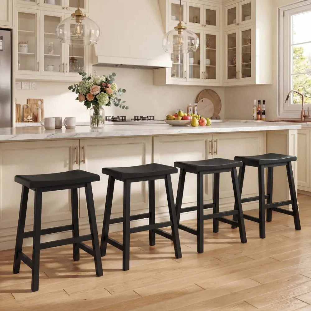 24 Inch Counter Height Stools Solid Wood Saddle Bar Stools Set of 2-Black - Black - Bar Stools