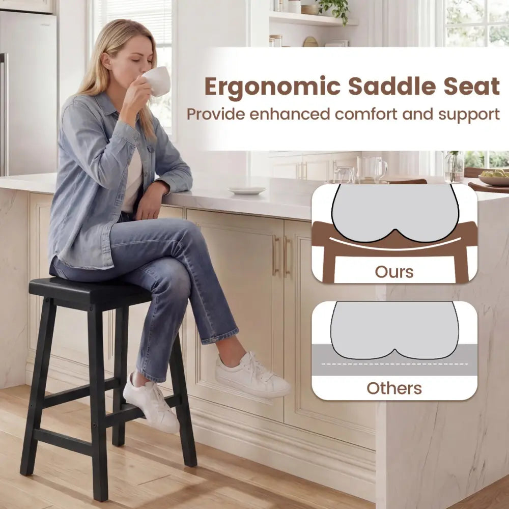 24 Inch Counter Height Stools Solid Wood Saddle Bar Stools Set of 2-Black - Black - Bar Stools