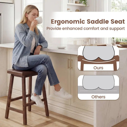 24 Inch Counter Height Stools Solid Wood Saddle Bar Stools Set of 2-Brown - Brown - Bar Stools