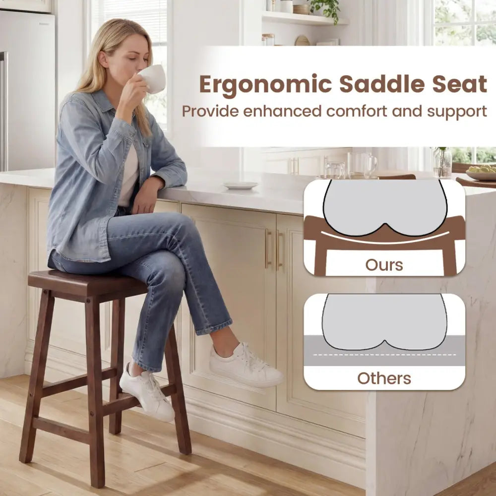 24 Inch Counter Height Stools Solid Wood Saddle Bar Stools Set of 2-Brown - Brown - Bar Stools