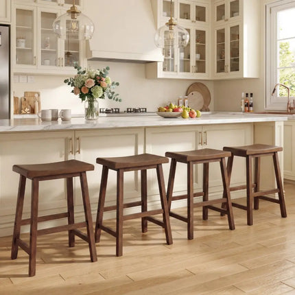 24 Inch Counter Height Stools Solid Wood Saddle Bar Stools Set of 2-Brown - Brown - Bar Stools