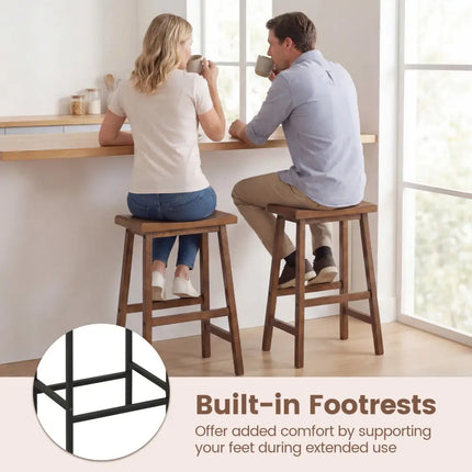 24 Inch Counter Height Stools Solid Wood Saddle Bar Stools Set of 2-Brown - Brown - Bar Stools