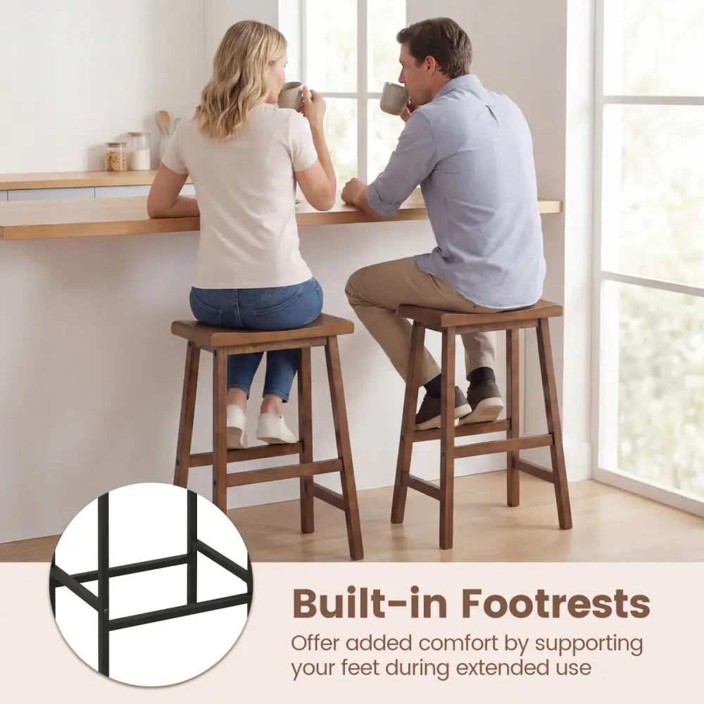 24 Inch Counter Height Stools Solid Wood Saddle Bar Stools Set of 2-Brown - Brown - Bar Stools