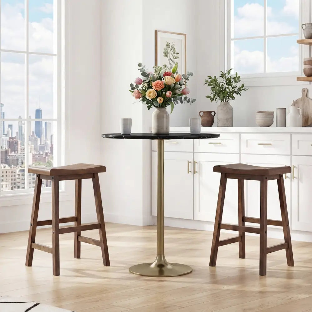 24 Inch Counter Height Stools Solid Wood Saddle Bar Stools Set of 2-Brown - Brown - Bar Stools