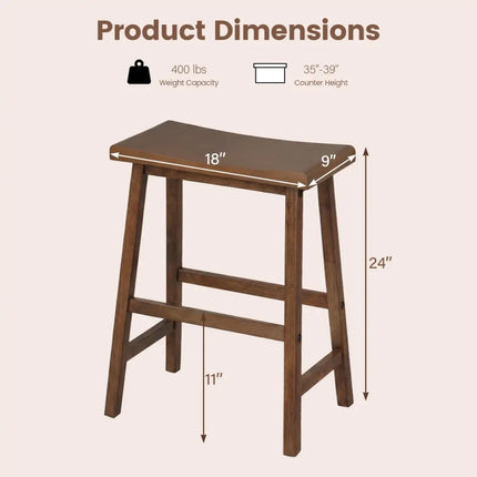 24 Inch Counter Height Stools Solid Wood Saddle Bar Stools Set of 2-Brown - Brown - Bar Stools